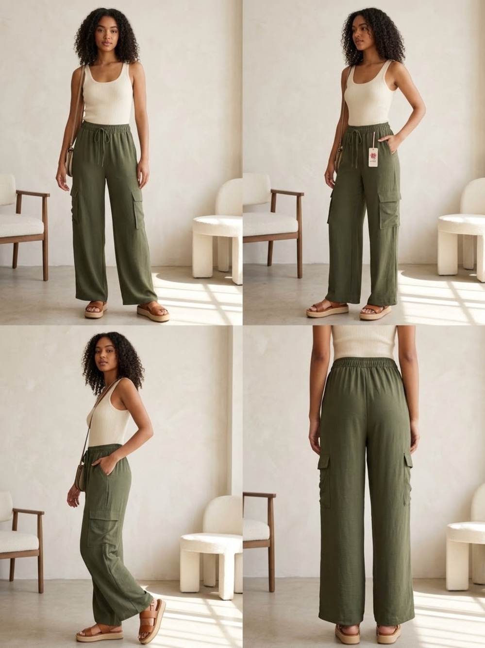 entro Olive Green Wide-Leg Cargo Pants with Drawstring Waist